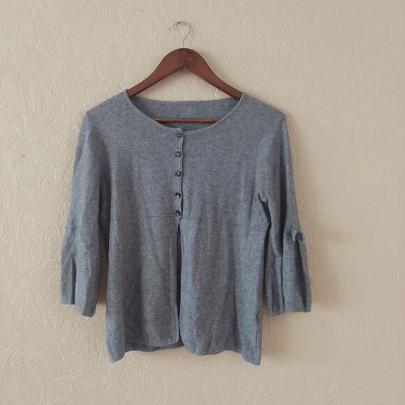 Grey Bow Bell Sleeve Sweater Button Split Open Front (Estimated) Sz Medium - Picture 2 of 9